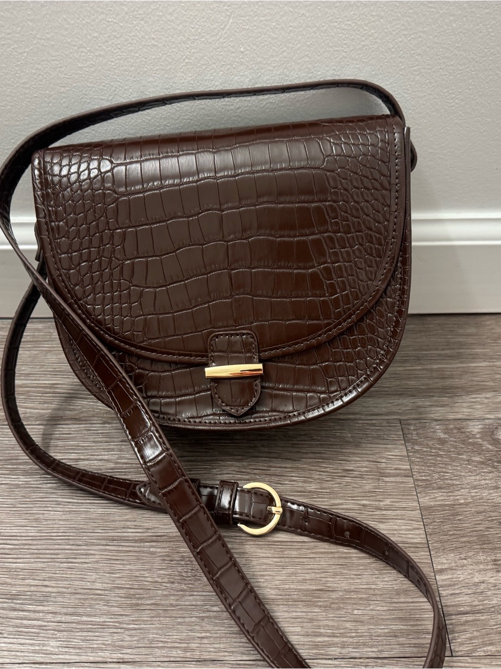 J. Crew Croc-Embossed Chocolate Brown Saddle Crossbody